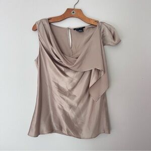 Etcetera Champagne Draped Asymmetric 100% Silk Blouse Quiet Luxury Gold Top